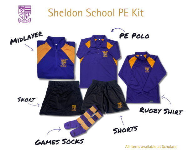 The Sheldon PE kit available at Scholars includes the purple and gold midlayer, PE polo top, rugby shirt, and games socks, along with black shorts or skort.