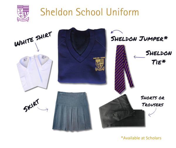 Sheldon School uniform includes a jumper and tie available at Scholars, as well as white shirts and mid grey skirt, shorts or trousers.